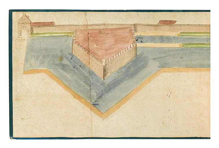 Plan et vue de l’enceinte des murailles et fortifications de la ville de Beaune (17e siècle) : bastion Sainte-Anne.