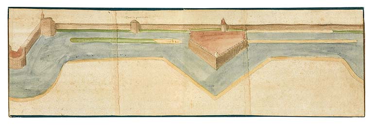 Plan et vue de l’enceinte des murailles et fortifications de la ville de Beaune (17e siècle) : château, rempart, bastion Notre-Dame.