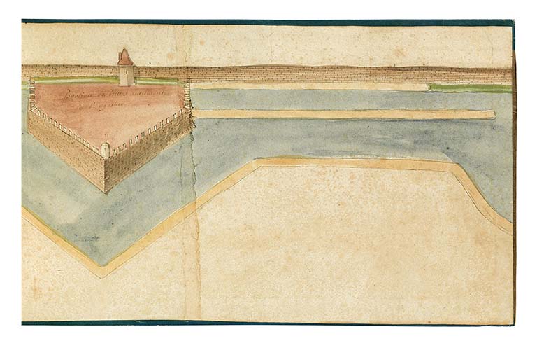 Plan et vue de l’enceinte des murailles et fortifications de la ville de Beaune (17e siècle).