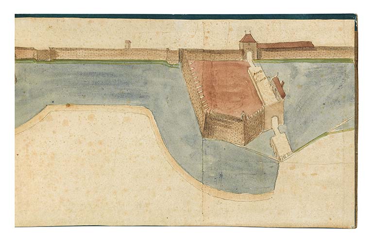 Plan et vue de l’enceinte des murailles et fortifications de la ville de Beaune (17e siècle).