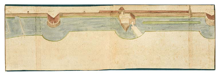 Plan et vue de l’enceinte des murailles et fortifications de la ville de Beaune (17e siècle) : rempart, tour des Dames, porte Bretonnière et tour des Cordeliers.