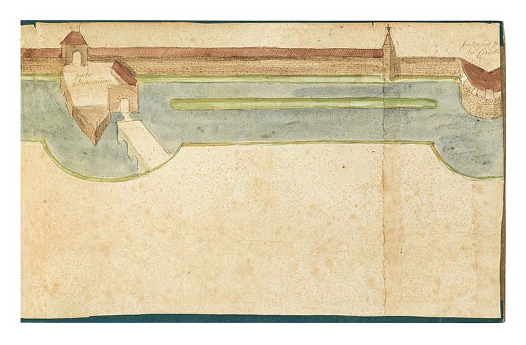 Plan et vue de l’enceinte des murailles et fortifications de la ville de Beaune (17e siècle) : porte Bretonnière.