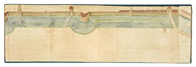 Plan et vue de l’enceinte des murailles et fortifications de la ville de Beaune (17e siècle) : lavoir Saint-Jacques, rempart, Grosse tour et porte Madeleine.