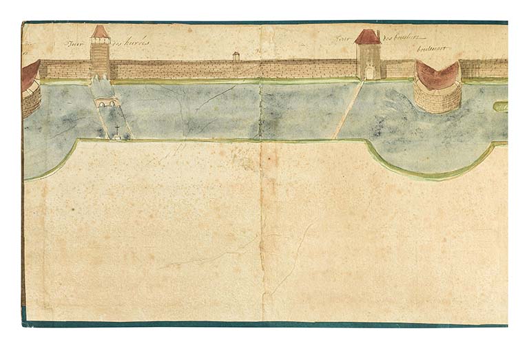 Plan et vue de l’enceinte des murailles et fortifications de la ville de Beaune (17e siècle).