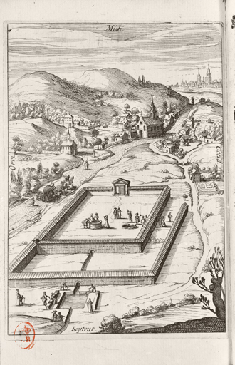 Situation des fontaines Saint-Léger et Saint-Marceau sur une gravure du Discours de l'origine et propriétez de la fontaine minérale de Pougues (1633) d'Étienne Flamant.