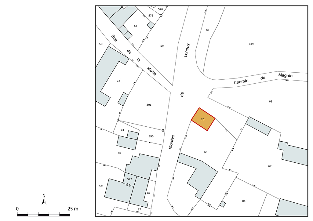 Plan-masse et de situation. Extrait du plan cadastral, 2024. Laives, section AD. Échelle 1/500.