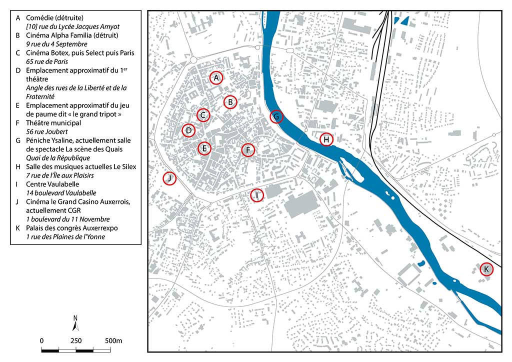 Carte de localisation des salles de spectacle. Source : IGN, BD Carto et Topo, 2024, 1/12 500.