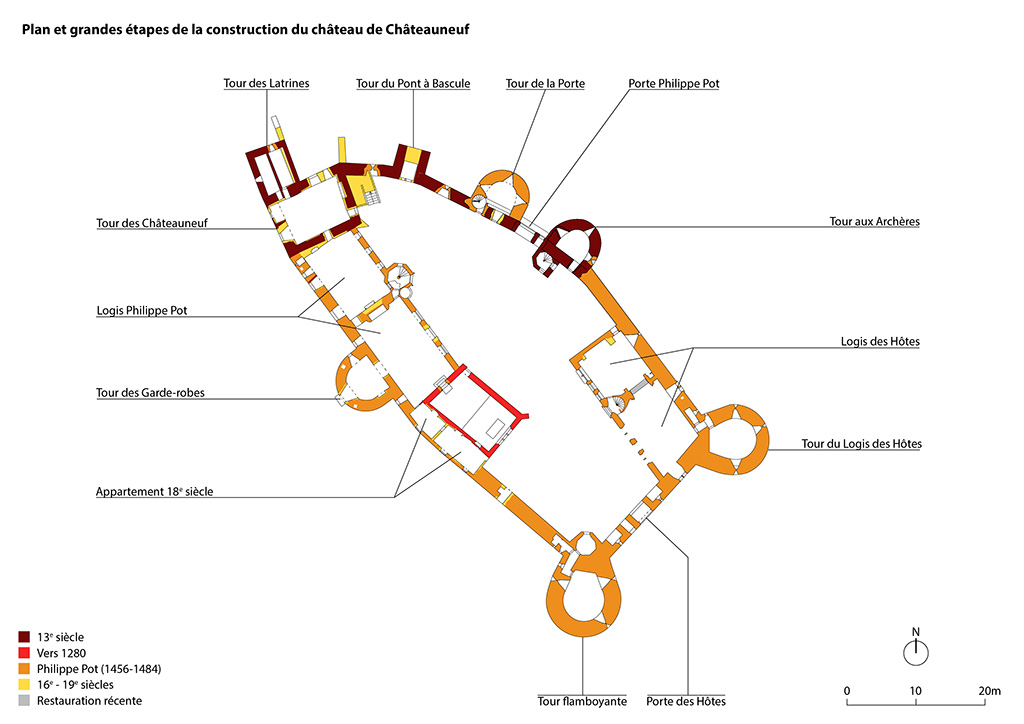 Plan et grandes étapes de la construction du château de Châteauneuf, 1/500.