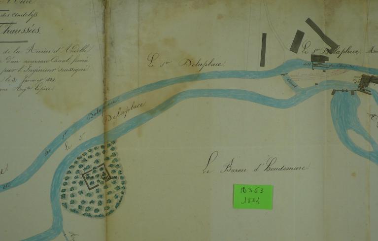 Plan de situation des moulins du Chapitre et de Bacqueville, 31 janvier 1834 (AD Eure. 18 S 63).