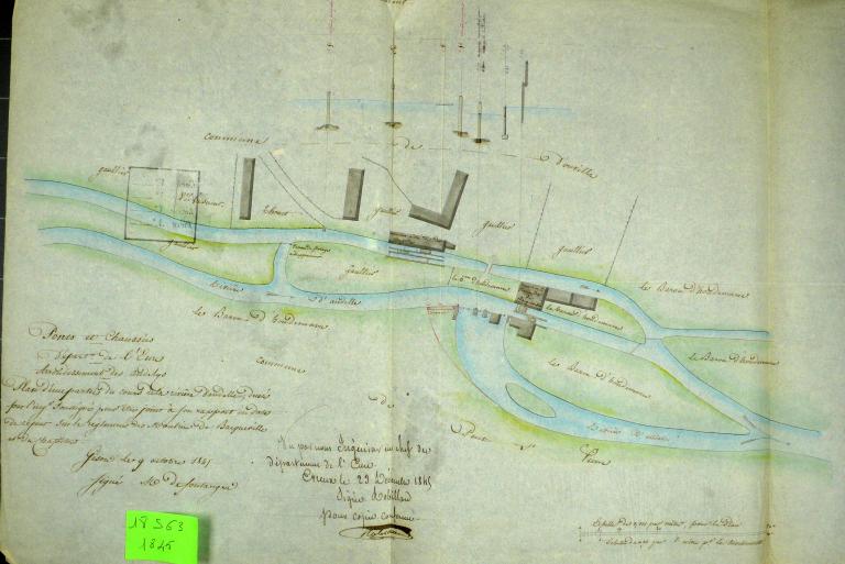 Plan de situation des moulins à foulon de Bacqueville et du moulin à blé (à deux tournants) du Chapitre, 9 octobre 1845 (AD Eure. 18 S 63).