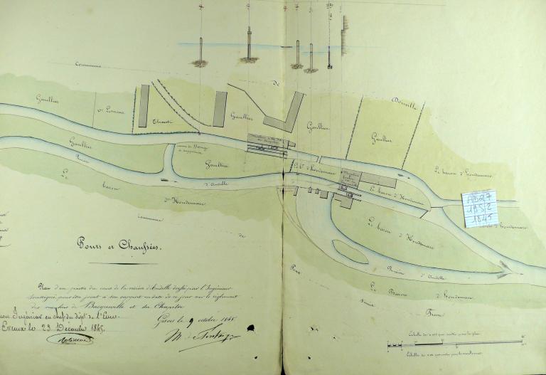 Plan de situation des moulins à foulon de Bacqueville et du moulin à blé (à deux tournants) du Chapitre, 9 octobre 1845 (AD Eure. 19 S 2).