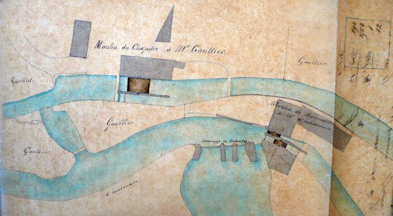 Plan masse des systèmes hydrauliques des moulins du Chapitre à M. Gaullier et de Bacqueville à M. D’Houdemare, 14 janvier 1852 (AD Eure. 18 S 62).