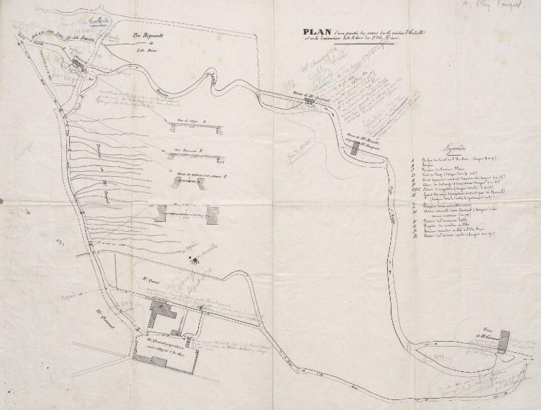 Plan de situation des usines Quesnel, Rioult et Grimaux, 1840 (AD. Eure. 18 S 90).