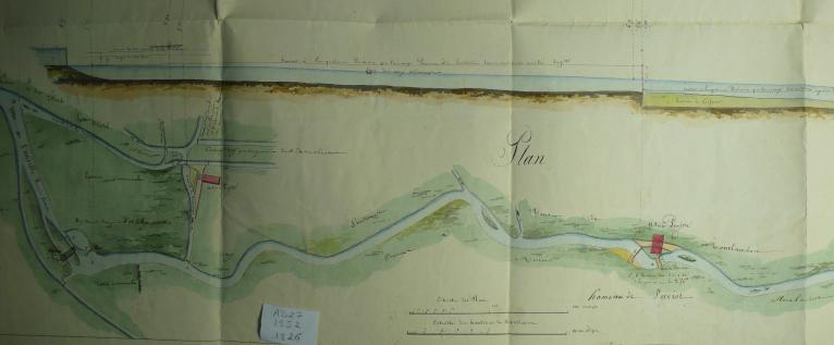 Plan de situation du moulin de la Valette et des usines projetées par M. de Montlambert (dont celle du Mesnil Paviot dite du Val Anglier), 27 juin 1826 (AD Eure, 19 S 2).