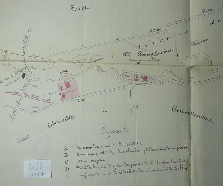 Plan de situation des usines de M. de Montlambert, 24 juillet 1837 (AD Eure, 19 S 2).