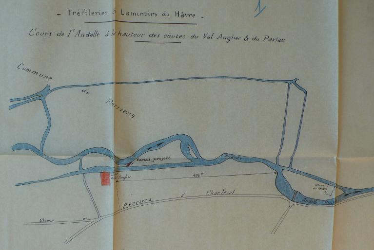 Plan de situation de l’usine du Val-Anglier appartenant à la Société des Tréfileries et Laminoirs du Havre, 1929 (AD Eure, 19 S 2).