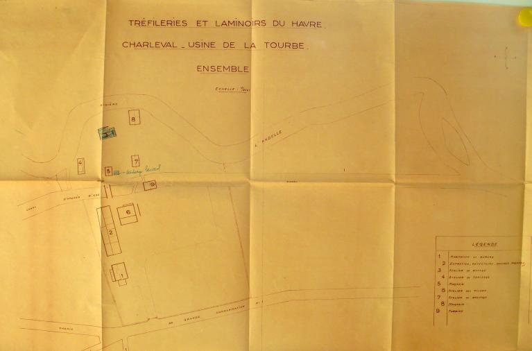 Plan masse de l’usine de la Tourbe (Val-Anglier) des Tréfileries et Laminoirs du Havre, 1/500e, 1946 (AD Eure, 18 W 249).