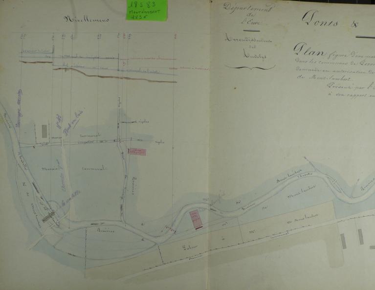 Plan des usines projetées par M. de Montlambert (dont celle du Val-Anglier), par Lepère ingénieur, 4 août 1836 (AD Eure, 18 S 83).