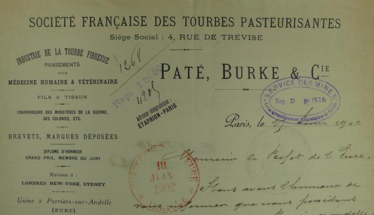 En-tête de lettre « La Société Française des Tourbes pasteurisantes » Paté, Burke et Cie propriétaires, 1902 (AD Eure, 5 M 309).