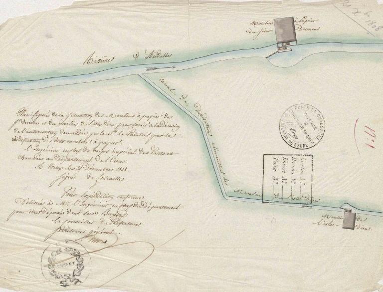 Plan du moulin à papier de M. Durécu et du moulin de l’Isle-Dieu établis sur le bras de l'Isle-Dieu, 21 décembre 1808 (AD Eure. 19 S 2).