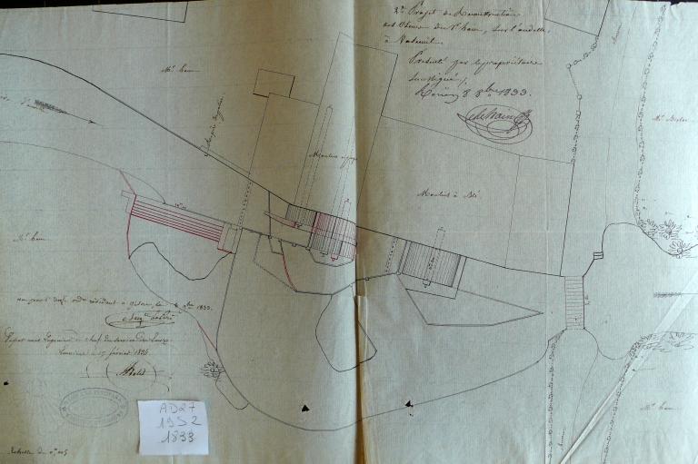 Plan, projet de reconstruction des usines Hain (1 moulin à papier, 1 moulin à blé, 1 filature), 8 octobre 1833 (AD Eure. 19 S 2).