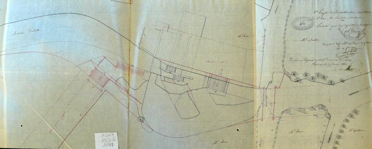 Plan, projet de reconstruction des usines Hain (1 moulin à papier, 1 moulin à blé, 1 filature), 8 octobre 1833 (AD Eure. 19 S 2).