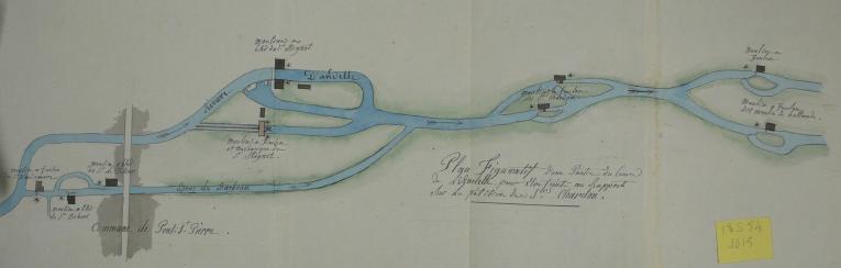 Plan figuratif d'une partie de la rivière Andelle [entre Romilly-sur-Andelle et Pont-Saint-Pierre] comprenant les moulins de MM. Letourneur et Chardon sis au hameau du Moulin Pouchet à Romilly-sur-Andelle, 25 septembre 1815 (AD Eure. 18 S 54).