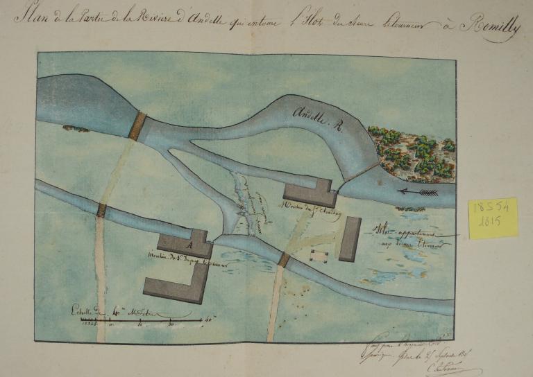 Plan des moulins Pouchet appartenant à MM. Letourneur et Chardon, 25 septembre 1815 (AD Eure. 18 S 54). ; Plan des moulins à foulon de MM. Letourneur et Chardon sis au hameau du Moulin Pouchet à Romilly-sur-Andelle, 25 septembre 1815 (AD Eure. 18 S 54).