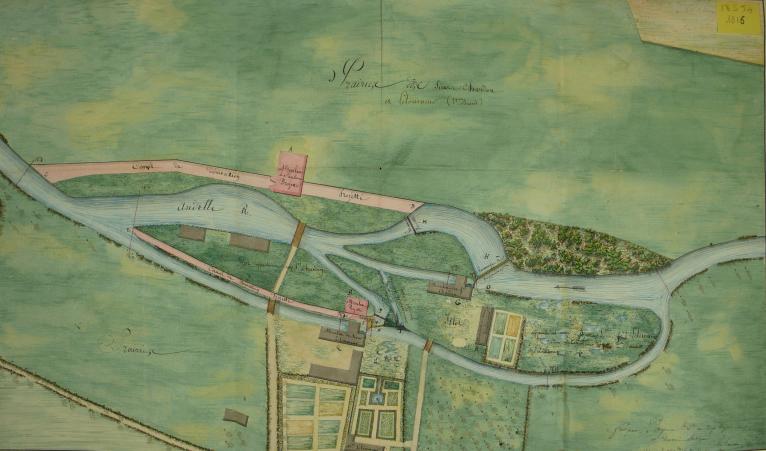 Plan de 1816 des moulins à foulon Pouchet, de Romilly-sur-Andelle, tiré de la série S des archives départementales de l'Eure (AD Eure. 18 S 54).  ; Plan des deux moulins Pouchet existant appartenant à MM. Letourneur et Chardon et des deux moulins à foulon projetés, 12 janvier 1816 (AD Eure. 18 S 54). ; Plan des moulins Pouchet appartenant à MM. Letourneur et Chardon et des deux moulins projetés avec transformation du système hydraulique, 12 janvier 1816 (AD Eure. 18 S 54). ; Plan des moulins à foulon de MM. Letourneur et Chardon sis au hameau du Moulin Pouchet à Romilly-sur-Andelle et des deux moulins projetés avec transformation du système hydraulique, 12 janvier 1816 (AD Eure. 18 S 54).