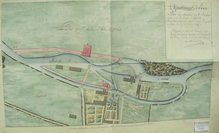 Plan des moulins Pouchet appartenant à MM. Letourneur et Chardon et des deux moulins projetés avec transformation du système hydraulique, 12 janvier 1816 (AD Eure. 19 S 2). ; Plan des moulins à foulon de MM. Letourneur et Chardon sis au hameau du Moulin Pouchet à Romilly-sur-Andelle et des deux moulins projetés avec transformation du système hydraulique, 12 janvier 1816 (AD Eure. 19 S 2).