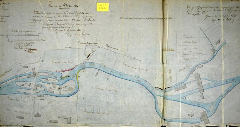 Plan de situation des moulins Pouchet (A : moulin Chardon), 15 mai 1843 (AD Eure. 18 S 54). ; Plan de situation des moulins Pouchet (B : moulin de M. Decorde), 15 mai 1843 (AD Eure. 18 S 54). ; Plan de situation des moulins à foulons sis au hameau du Moulin Pouchet à Romilly-sur-Andelle, 15 mai 1843 (AD Eure. 18 S 54).