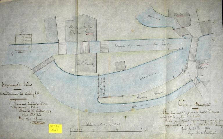 Plan masse des moulins de M. Launay et de MM. Chardon, Decorde, 25 juin 1846 (AD Eure. 18 S 54). ; Plan masse des moulins de M. Launay, de M. Chardon et de M. Decorde, 25 juin 1846 (AD Eure. 18 S 54). ; Plan masse des moulins de M. Launay, de M. Chardon et de M. Decorde sis au hameau du Moulin Pouchet à Romilly-sur-Andelle, 25 juin 1846 (AD Eure. 18 S 54).