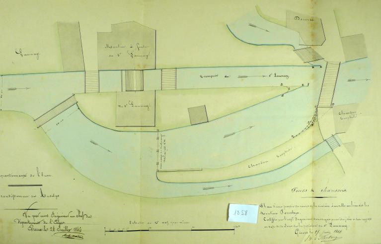 Plan masse des moulins de M. Launay et de MM. Chardon, Decorde, 24 juillet 1846 (AD Eure. 18S8).  ; Plan masse des moulins de M. Launay, de MM. Chardon et de M. Decorde, 24 juillet 1846 (AD Eure. 18 S 8). ; Plan masse des moulins de M. Launay, de M. Chardon et de M. Decorde sis au hameau du Moulin Pouchet à Romilly-sur-Andelle, 25 juin 1846 (AD Eure. 18 S 8).