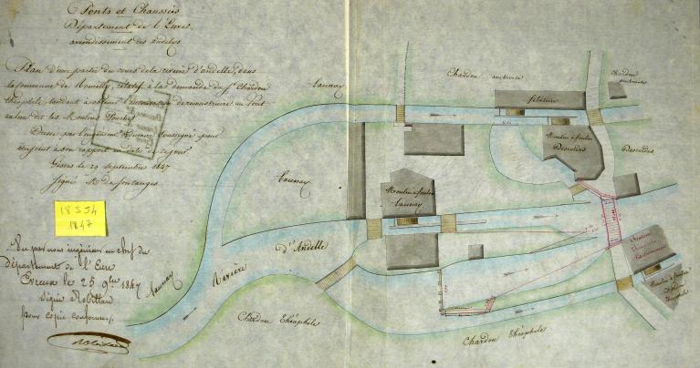 Plan masse des moulins de MM. Chardon, Launay, Decorde, 29 septembre 1847 (AD Eure. 18 S 54). ; Plan masse des moulins de MM. Chardon, de M. Launay et de M. Decorde, 29 septembre 1847 (AD Eure. 18 S 54). ; Plan masse des moulins de MM. Chardon, Launay et Descordes sis au hameau du Moulin Pouchet à Romilly-sur-Andelle, 29 septembre 1847 (AD Eure. 18 S 54).
