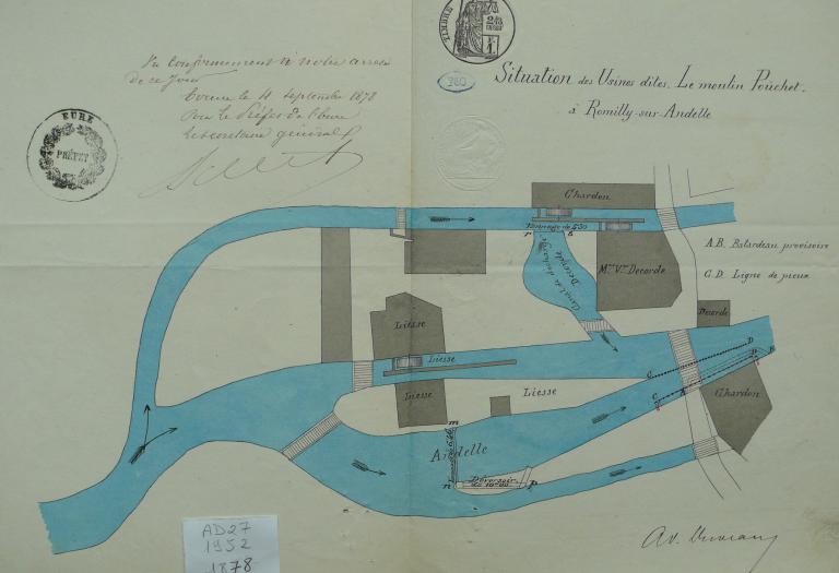 Plan des usines dites les moulins Pouchet à Romilly-sur-Andelle, 4 septembre 1878 (AD Eure. 19 S 2).