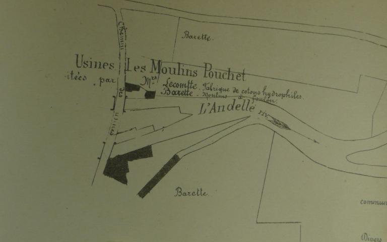 Plan situation et détail des usines Lecomte et Barette, 1/2000e, 22 mars 1912 (AD Eure. 18 S 53). ; Plan des fouleries Lecomte et Barette à Romilly-sur-Andelle, 1/2000e, 22 mars 1912 (AD Eure. 18 S 53).