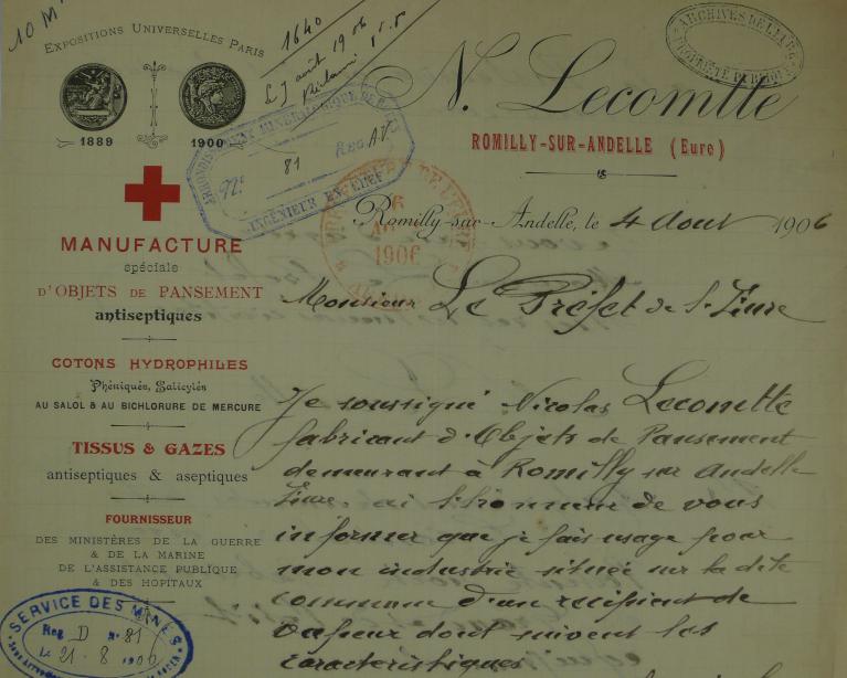 Lettre avec entête de M. Nicolas Lecomte au préfet de l’Eure, 4 août 1906 (AD Eure. 5 M 310).