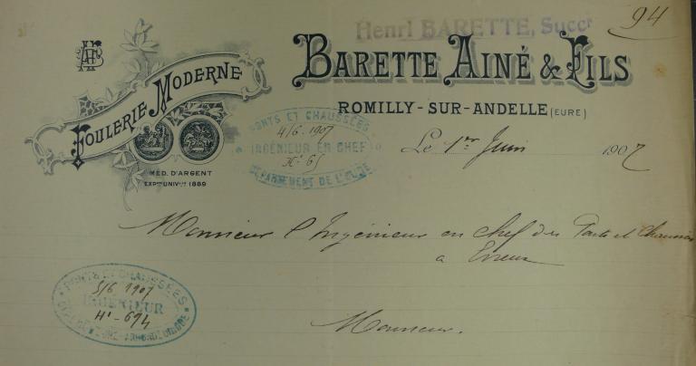 Entête de papier à lettre Barette Ainé et Fils, 1907 (AD Eure. 18 S 54).