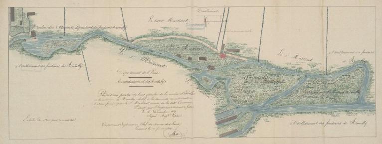 Plan de la rivière entre le moulin des Deux Amants et l'usine des Ponts, 16 décembre 1833 (AD Eure. 18 S 53).