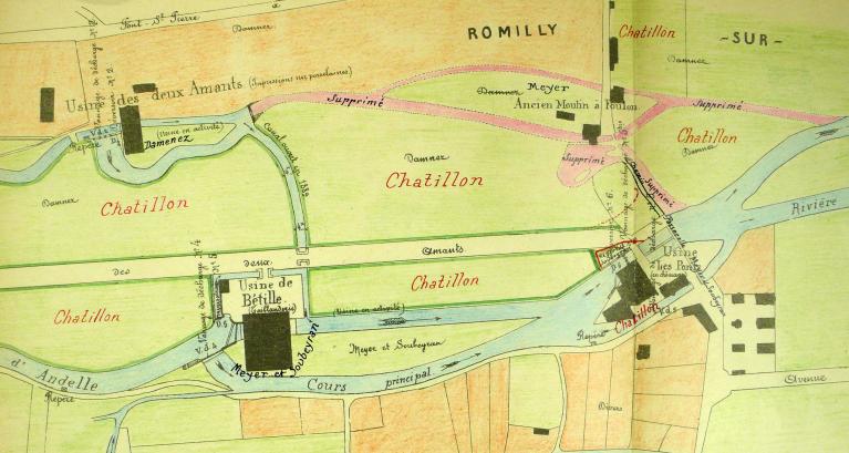 Plan détaillé des usines des Pont, de Bétille et des Deux Amants, 22 mars 1912 (AD Eure. 18 S 53).