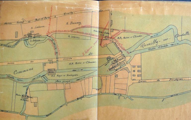 Plan de situation des usines des deux Amants, de Bétille et des Ponts sur l’Andelle et du moulin de la Nation, 19 juillet 1913 (AD Eure. 19 S 2).