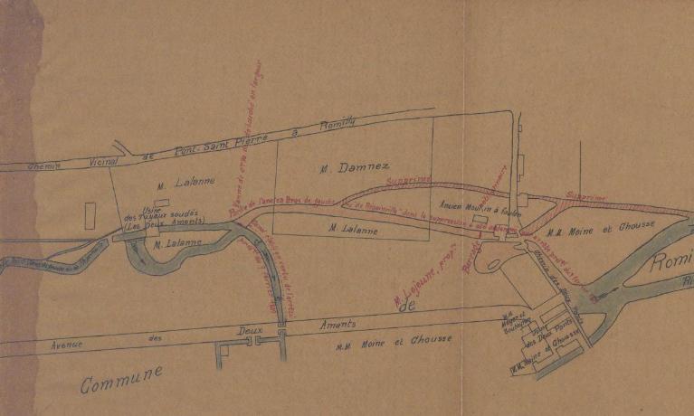 Plan des aménagements projetés au système hydraulique de l’usine des Deux Amants (suppression des bras), 19 juillet 1923 (AD Eure. 18 S 53).