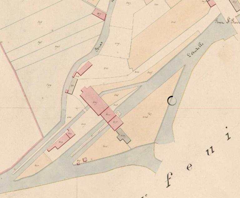 Extrait du cadastre napoléonien, 1836, section B2, parcelles 407, 408 et 415 (AD Eure. 3 PL 682/11).