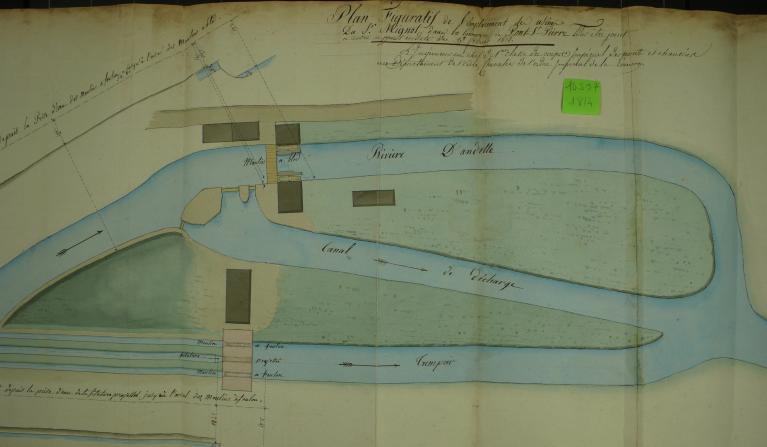 Plan des usines Mignot existantes (2 moulins à blé, 2 moulins à foulon) et de la filature de laine projetée, 13 février 1814 (AD Eure. 18 S 57).