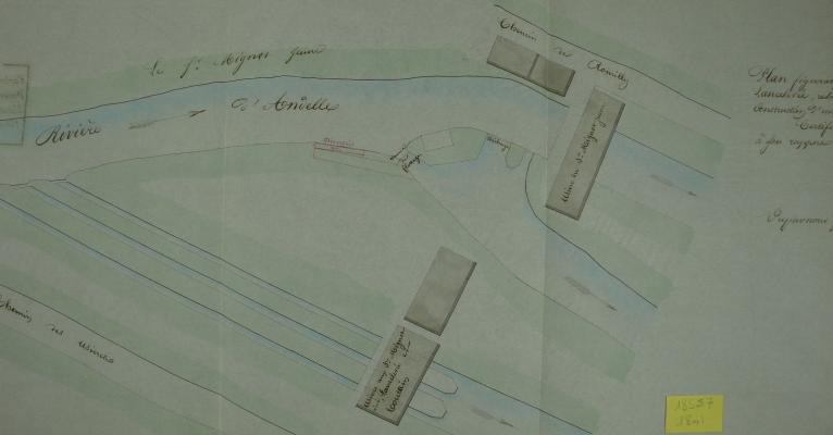 Plan de situation des usines Mignot Ainé (filature de laine), Lancelevée (moulin à foulon) et Toutain (moulin à foulon) relatif à la demande faite par M David pour la construction d’un déversoir à l'usine Mignot Jeune, 30 janvier 1841 (AD Eure. 18 S 57).
