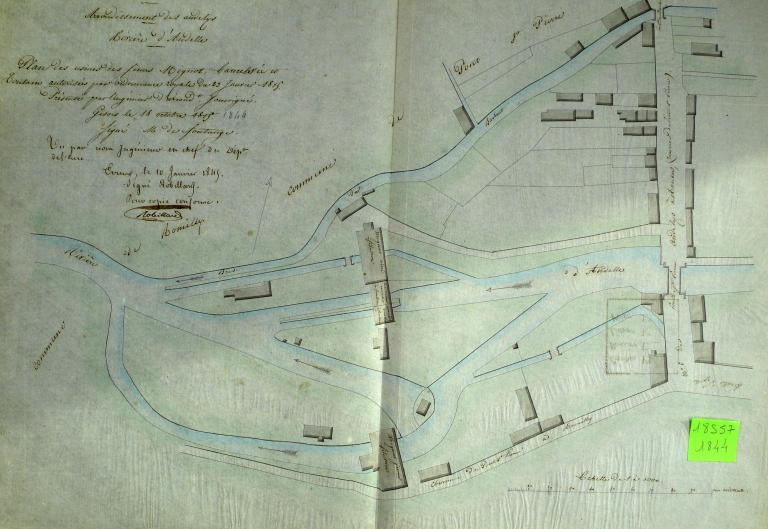 Plan de situation de la filature de laine Mignot Ainé, de la filature de coton Mignot, des moulins à foulon Lancelevée et Toutain, 18 octobre 1844 (AD Eure. 18 S 57).