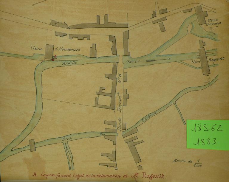Plan de situation des usines Bernays et Ragault (anciennement Mignot Ainé), 1/200e, 20 août 1883 (AD Eure. 18 S 62).