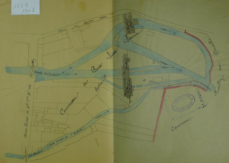 Plan de situation de la fabrique de baleines Postel et du moulin à foulon Lancelevée (AD Eure. 18 S 8).