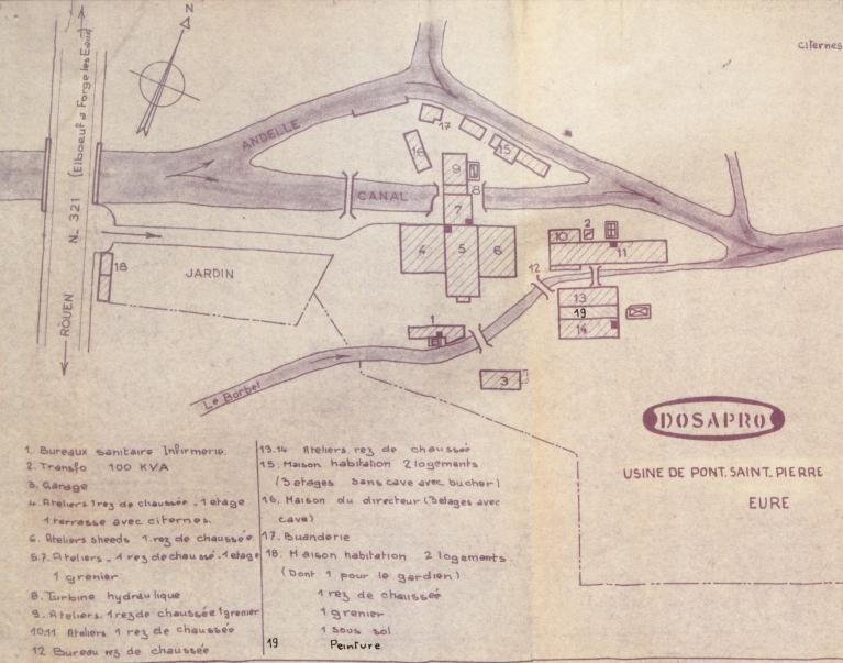 Plan masse légendé des Etablissements Dosapro, 1/100e, 1960 (AD Eure. 18 W 264).