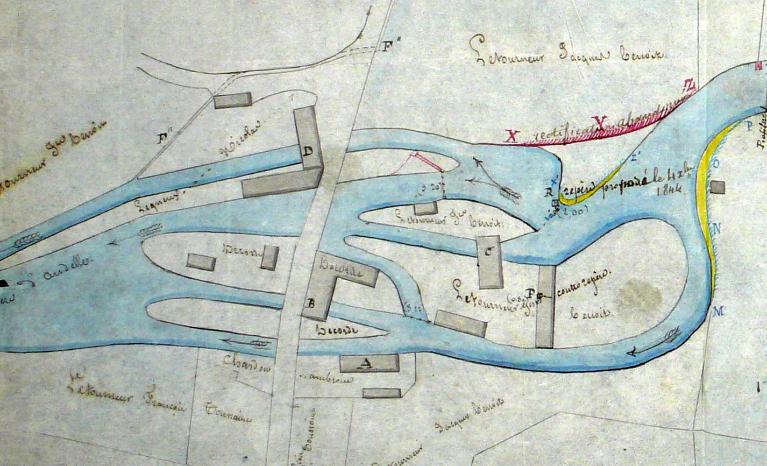 Plan détaillé des moulins à foulon du hameau du Moulin Pouchet à Romilly-sur-Andelle, 15 mai 1843 (AD Eure. 18 S 54).